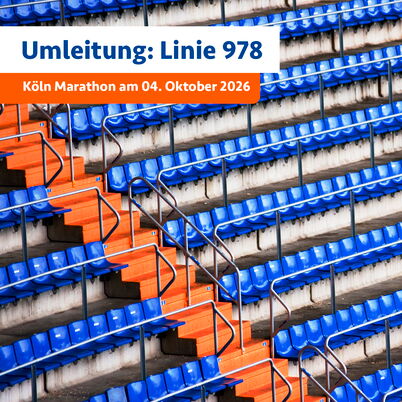 Gästetribüne mit blauen Sitzen und orangefarbenen Treppenstufen.