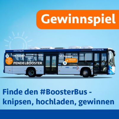 Bus mit vielen Worten beschriftet, Hinweis auf Gewinnspiel.